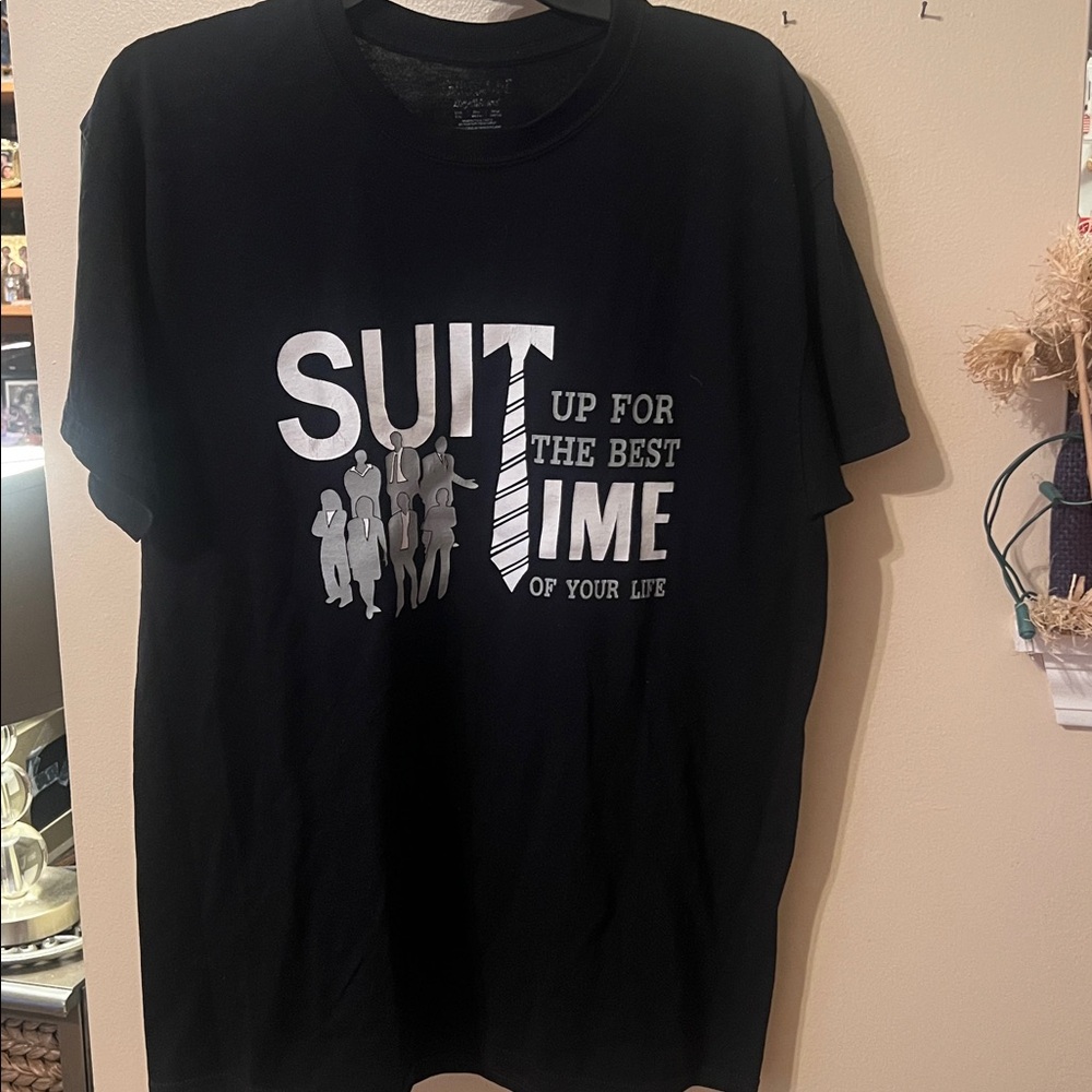 Graphic Image Black green T-shirt featuring the suit and tie saying. XL